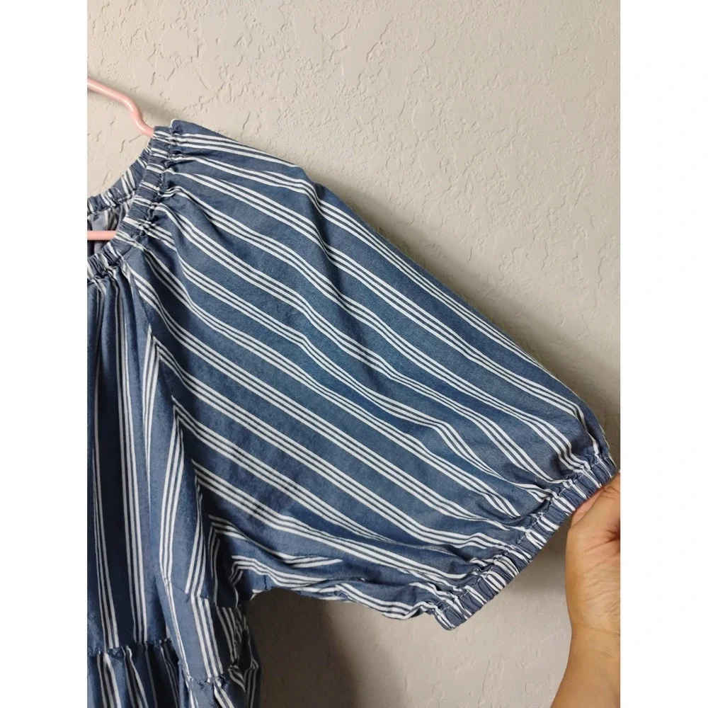Old Navy Blue‎ White Stripe Off Shoulder Peplum Top Puff Sleeve Size L